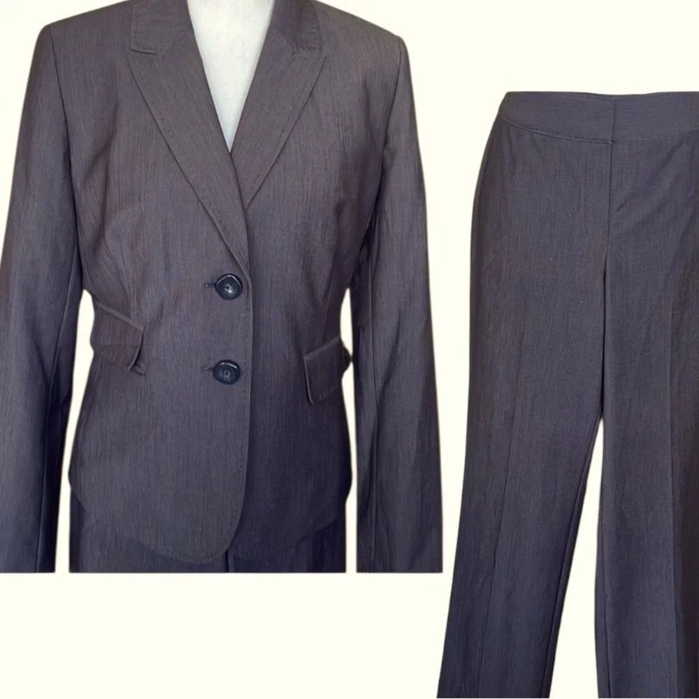 Nine West x Kasper Brown Tailored Pantsuit Polish Trousers Fitted Blazer Refined